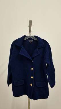 Vintage 70s Hand Full Fashioned Knit Cardigan - Men's Large - Navy Blue Gold But